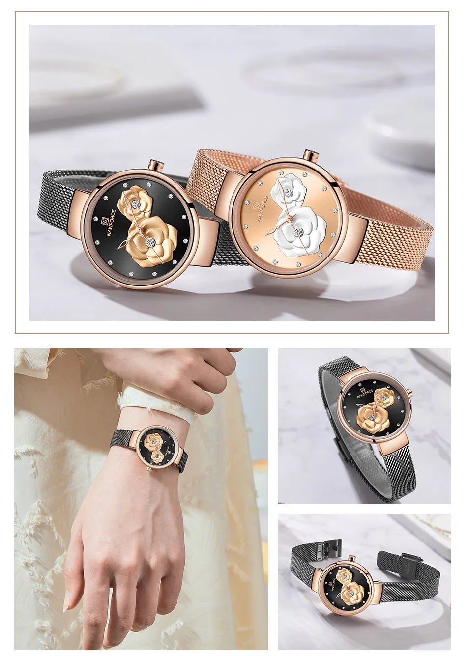 NAVIFORCE Women Watch Top Brand Luxury Black Rose Gold Ladies Wristwatch Mesh Stainless Steel Bracelet Flower Female Clock 5013 | Наручные