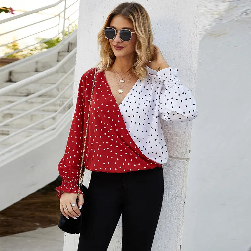 Женская шифоновая блузка в горошек свободная женская с длинным рукавом и v