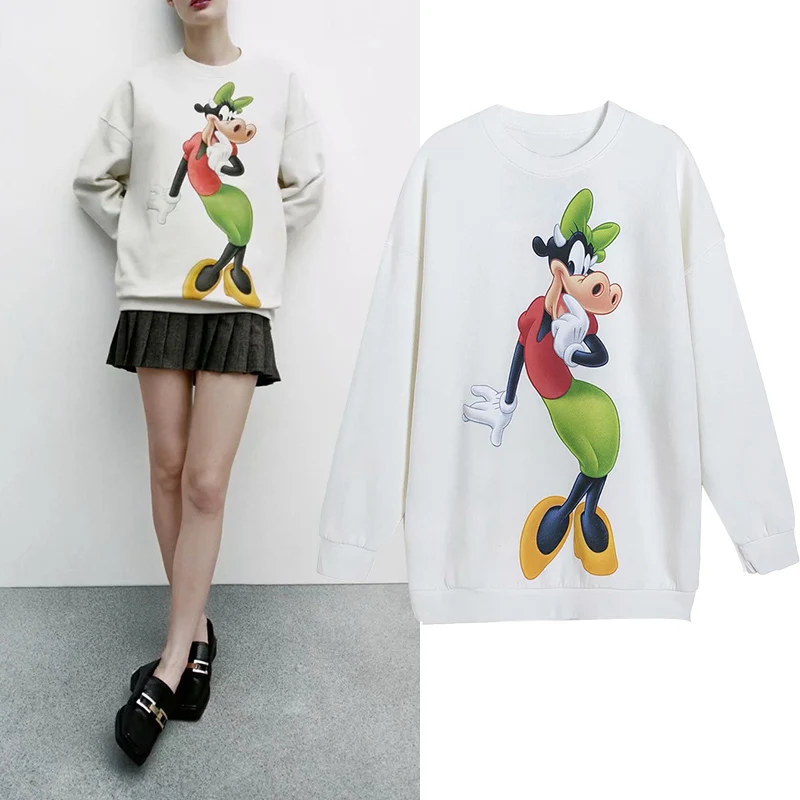 

WESAY JESI Spring Tops Women 2021 New Color Cartoon Print Ladies Pullover Pure Cotton White Long Sleeve O Neck Loose