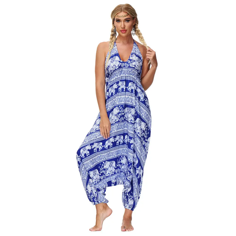 

Sarouel Femme Ethnic Print Wide-Leg Jumpsuit Sexy Backless Summer Beach Party Rompers Dance Yoga Sweatpants