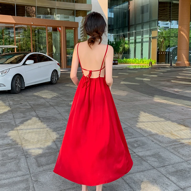 

Women Long Red Backless Slip Dress Sundress Summer 2021 Runway Maxi Vintage Korean Fairy Casual Vacation Party Night Dresses New