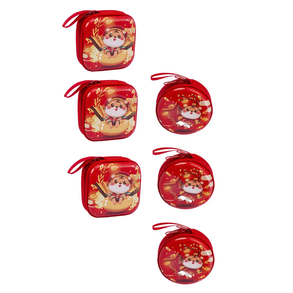 

6PCS Adorable Tiger Year Coin Purse Festive Tinplate Coin Bag Earphone Storage Bag