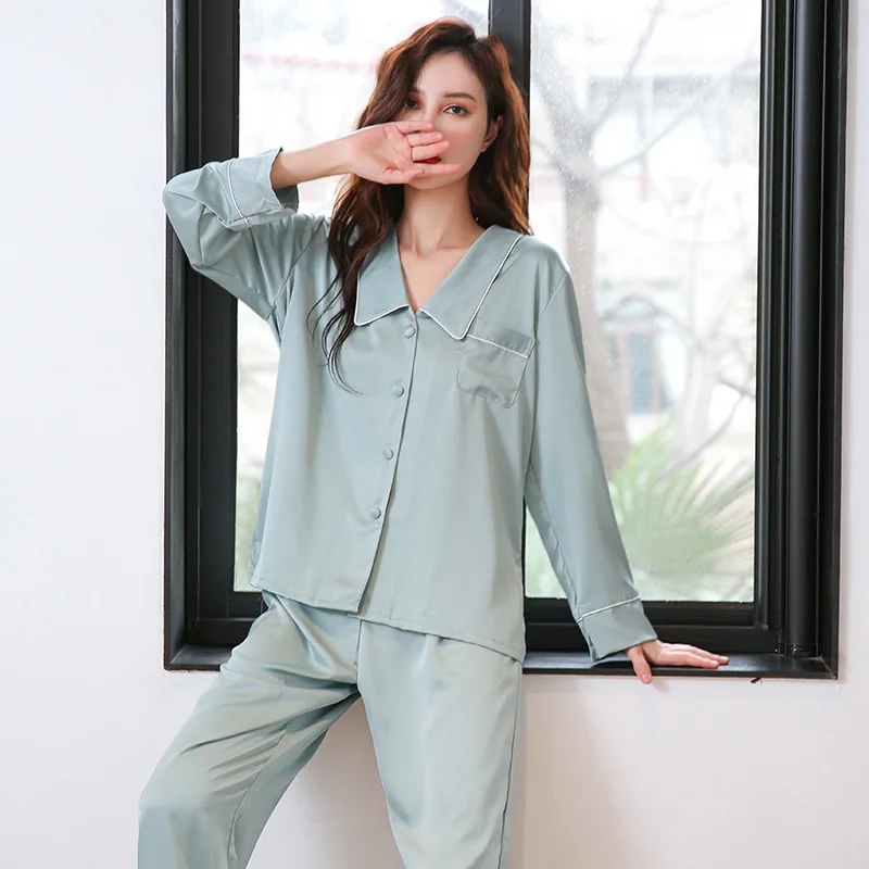 Пижама женская атласная однотонная тонкий кардиган с длинным рукавом | Женская