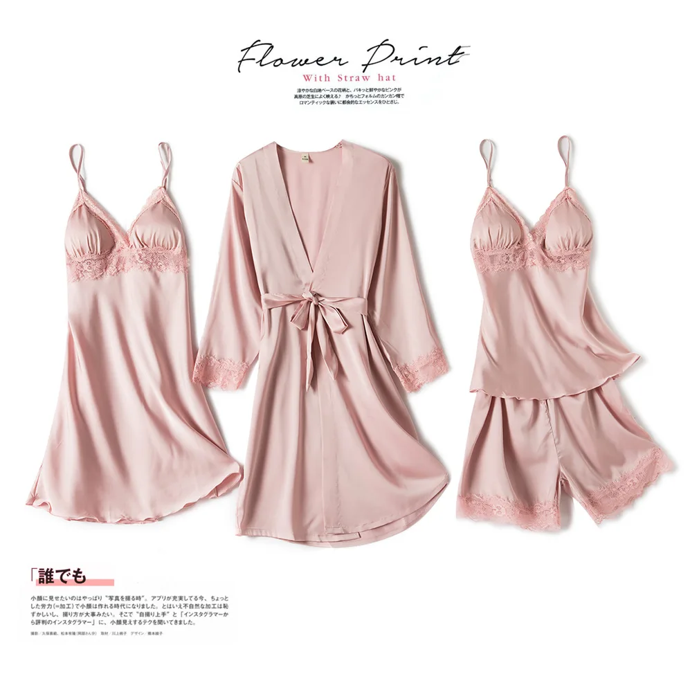 

Satin 4 Pieces Pajamas Suit Female Sleepwear Nightwear Sexy Bathrobe Gown Nightgown Lace Intimate Lingerie Casual Homewear