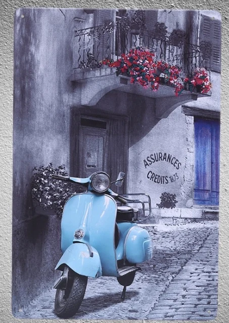 

Scooter Balcony Street Motorcycle Metal Tin Sign Decoration Garage Sign Home Wall Sign Plaque People Cave Decoration 12*8 Inch