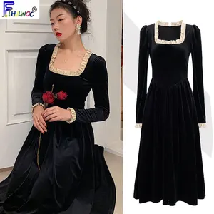 Женское платье с длинным рукавом, черное элегантное платье трапециевидной формы, с оборками, новый год 2020