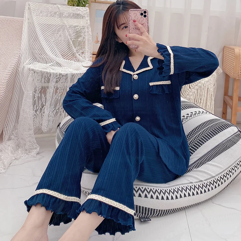 

Dark Blue Pajamas for Women Spring Autumn Korean Style Long Sleeve Cardigan Suit Cotton Thin Homewear Summer and Winter Can