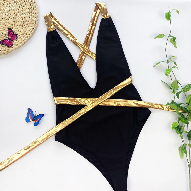 

Sexy Badysuit One Piece Swimsuit Bikini 2021 Mujer Bronzing Bandage Cross Back Bathing Suit Women Swimwear Monokini
