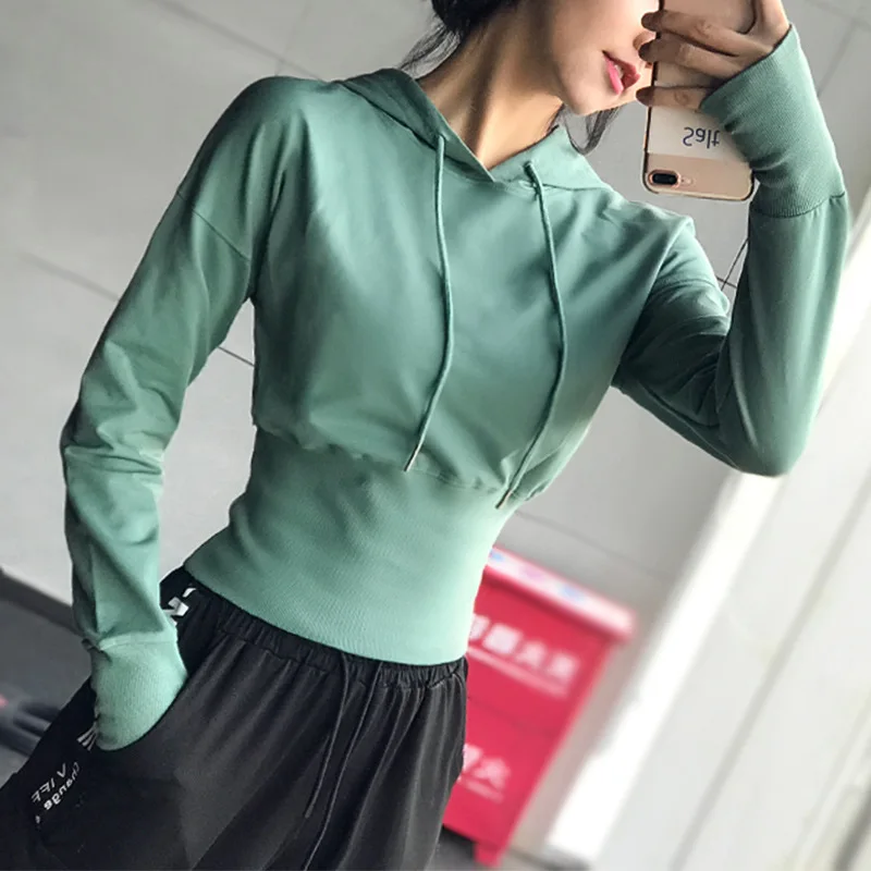 CHRLEISURE Фитнес Спорт Йога Топы Талия Формирование с капюшоном длинным рукавом