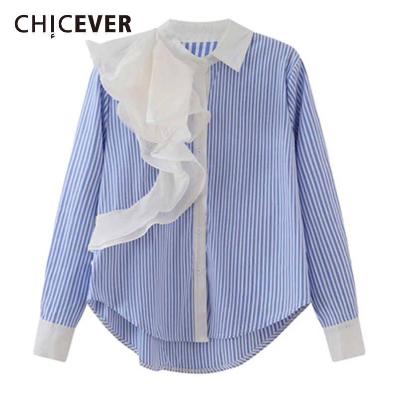 

CHICEVER Striped Shirt For Women Lapel Long Sleeve Hit Color Loose Patchwork Ruffles Straight Blouse Female 2021 Spring Clothing