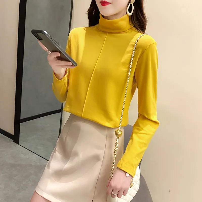 

Elegant Women Shirt 2021 Spring Autumn New Women Long Sleeve Blouse Yellow T-Shirt Solid Casual Shirts Turtleneck Lady Blouse