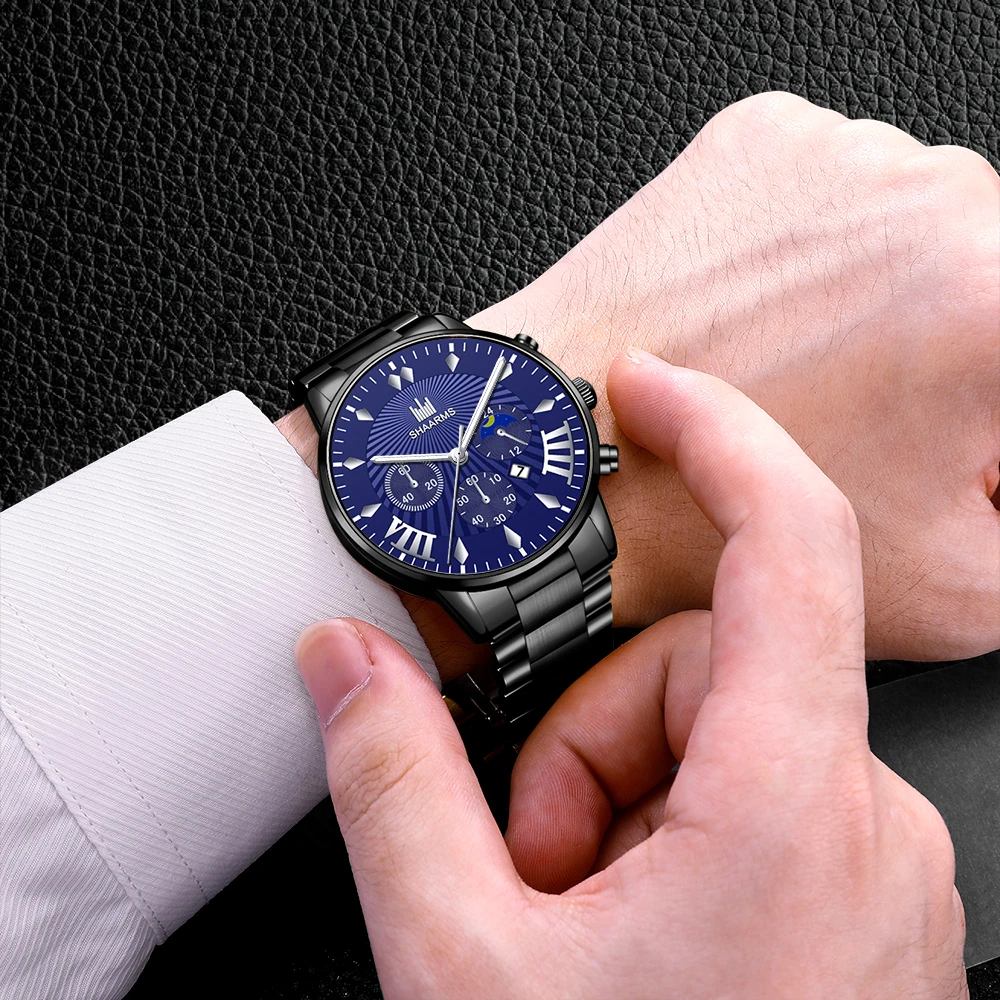

SHAARMS Charming Men Watch Stainless Steel Quartz Wristwatch Fashion Man Business Watches Black Date Clock Relogio Masculino