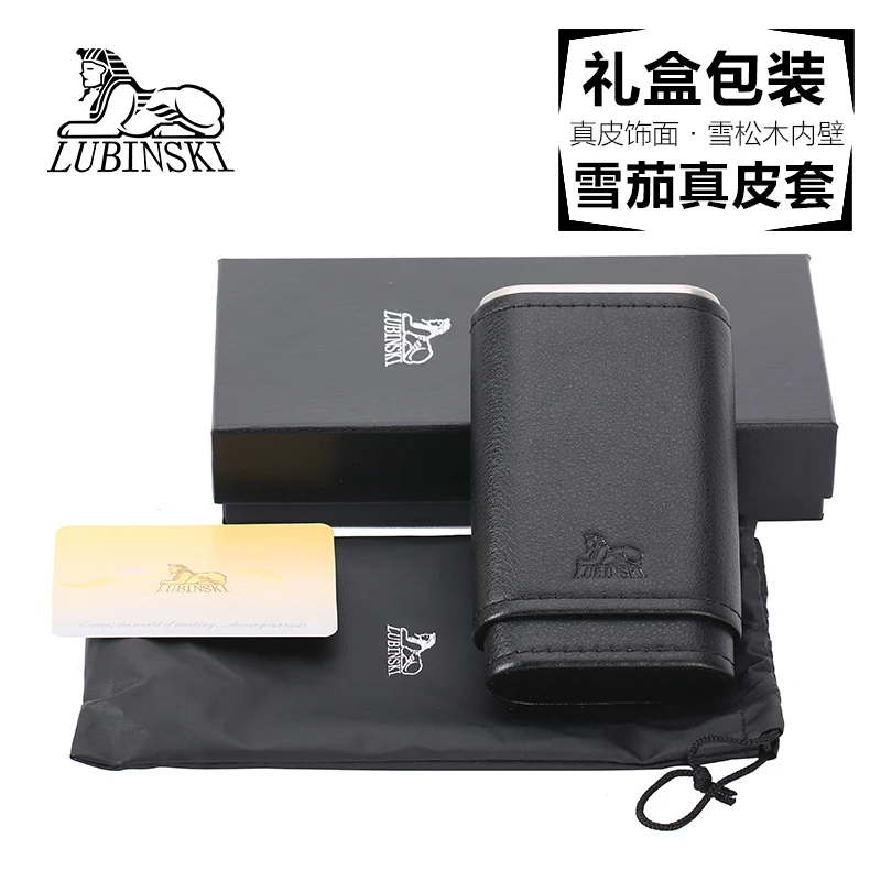 

LUBINSKI Genuine Leather Cedar Wood 3 Tube Cigar Cigarette Case Humidor Portable Cigars Case W/Gift Box Smoking Tool For Cohiba