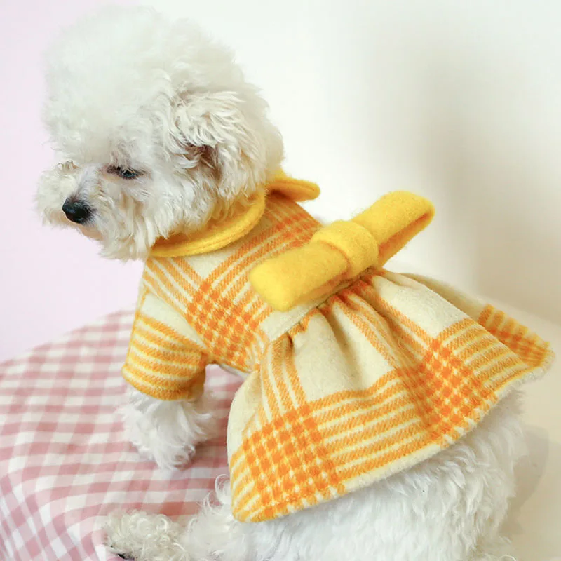 

Yellow Bowtie Dog Coat Jacket Woolen Pet Clothes Autumn Winter Pet Outfit French Bulldog Princess Girl Dress Coat Puppy Clothing