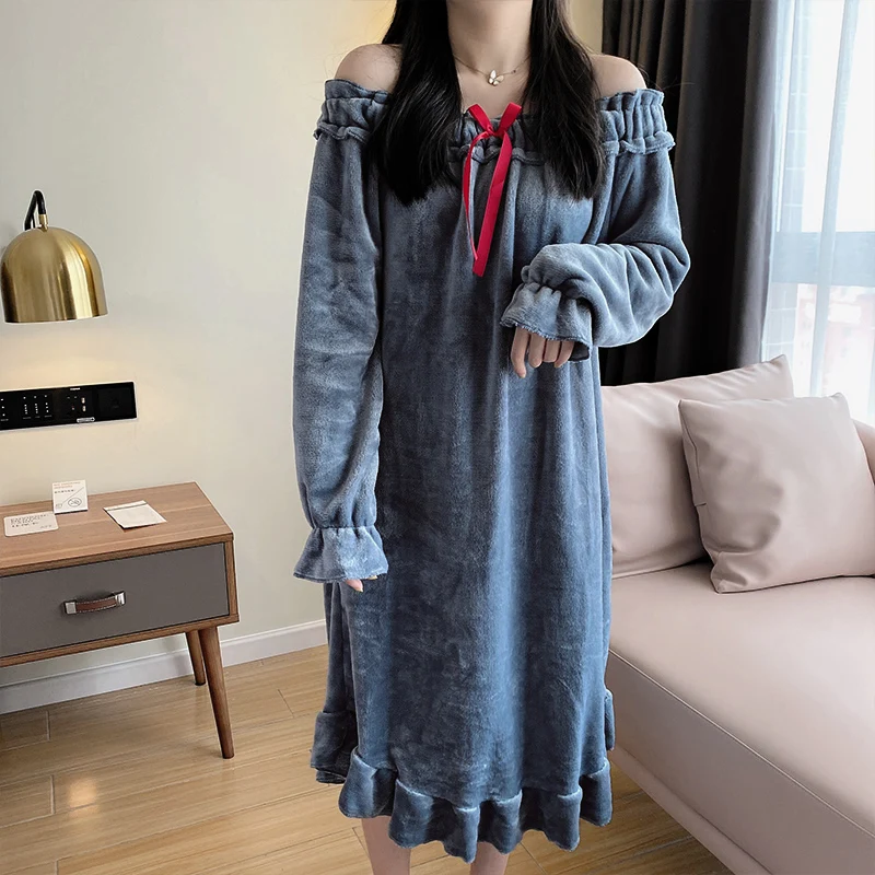 Winter Maxiskit Flannel Night Skirt Women Sleepwear Sexy Nightgown Boat Neck Coral Velvet X-large Loose Version