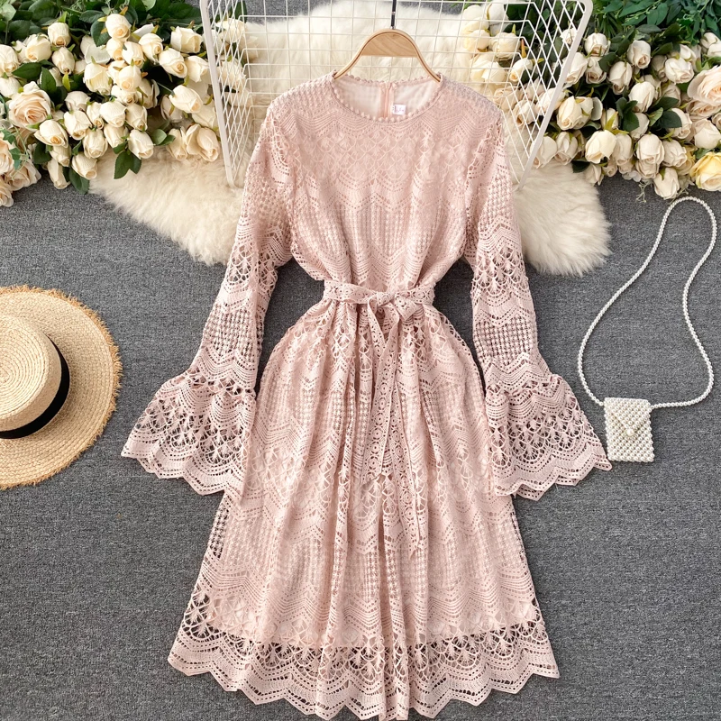 

Women Korean Lace Dress O Neck Flare Sleeve Bow Drawstring A Line Dress Autumn Solid Casual Elegant Hollow Out Dress