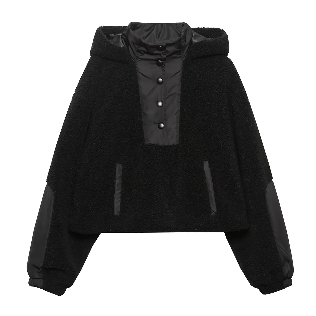 

Xitimeao Women's Fashion Front Pocket Hooded Fleece Stitched Jacket Vintage Long Sleeve Buttons Women's Pullover Fashion Top
