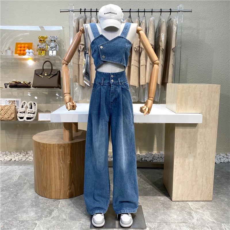 

Fashion Side Buckle Irregular Short Crop-Top Sling+High Waist Slim Loose Casual Wide-Leg Pants 2021 Streetwear Denim Suit Women