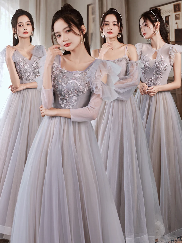

Women Slim Long Bridesmaid Dresses New Autumn A-Line Appliques Wedding Guest Gown Classic Back Lace-Up Female Party Gown