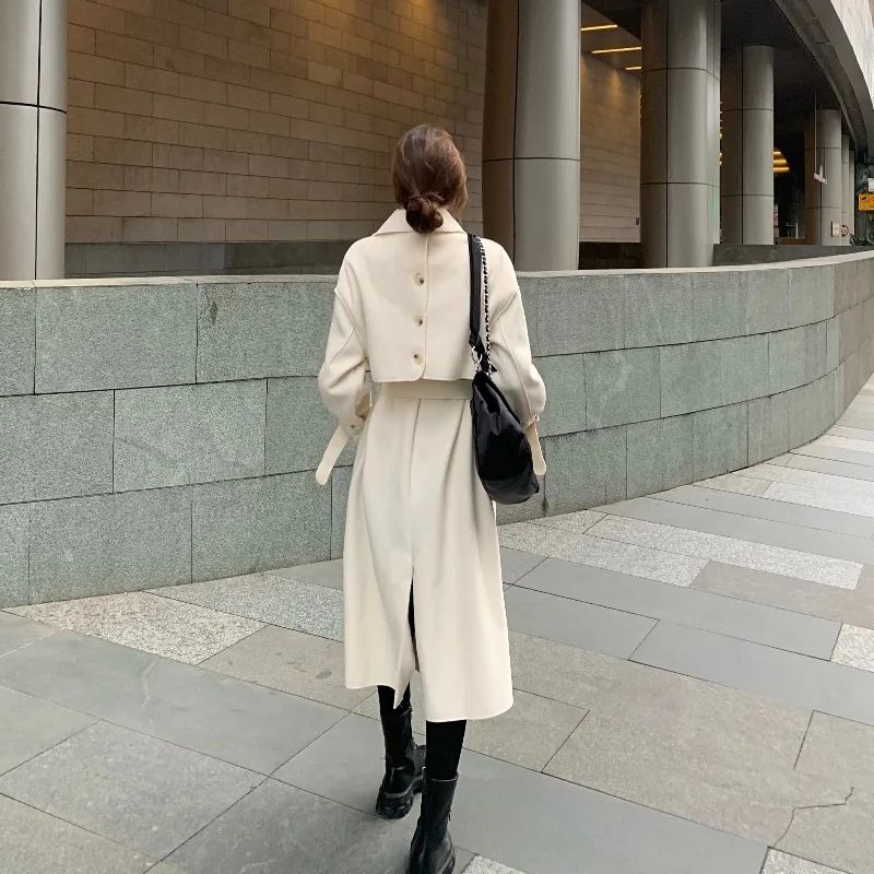 

Kimutomo Elegant Winter Coat Women 2020 New Fashion Wool Coats Solid Turn-down Collar Long Slim Korean Belt Outwear Loose