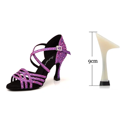 Purple 9cm Ladingwu, женские вечерние туфли для сальсы, бальные туфли, туфли для латинских танцев, большие и маленькие стразы, блестящие, фиолетовые, черные, блестящие, на Кубинском каблуке 6-10 см - Цвет: Purple 9cm