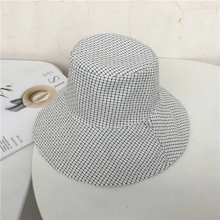 

Double-Sided Plaid Solid Color Fisherman Hat Women Spring New Casual Versatile Cloth Hat Travel Artistic Big Brim Hat