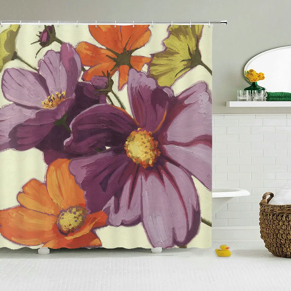 Занавеска для душа с красным маком картина маслом растения зеленые листья Ретро