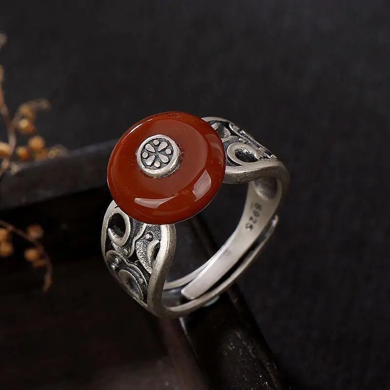 Новый S925 стерлингового серебра Южной красное агатное кольцо мира и пряжкой в