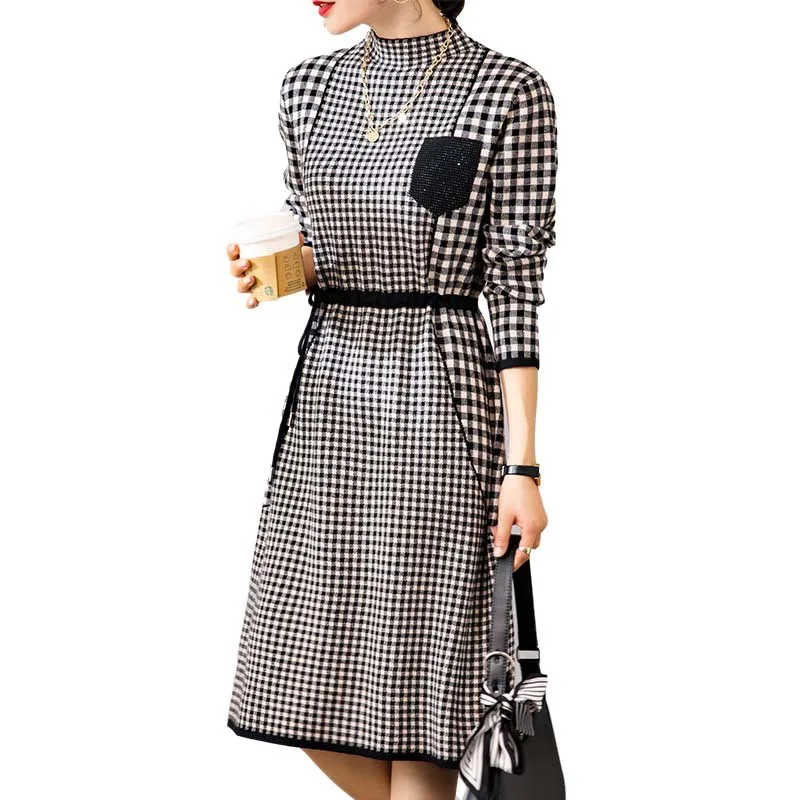 

Women Autumn Winter black white plaid wool Knitted Dresses Long Sleeve Sexy party Lady casual office Robe femme hiver 2021 Dress