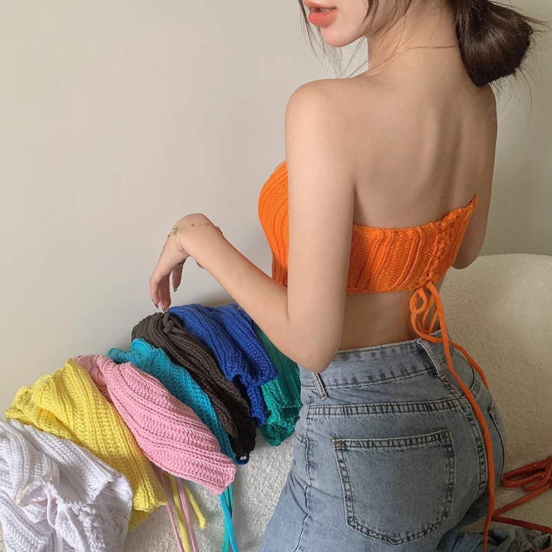 

Y2k Retro Solid Color Knitted Tube Tops for Women 2021 Summer Sexy Backless Crop Top Streetwear Beach Vest
