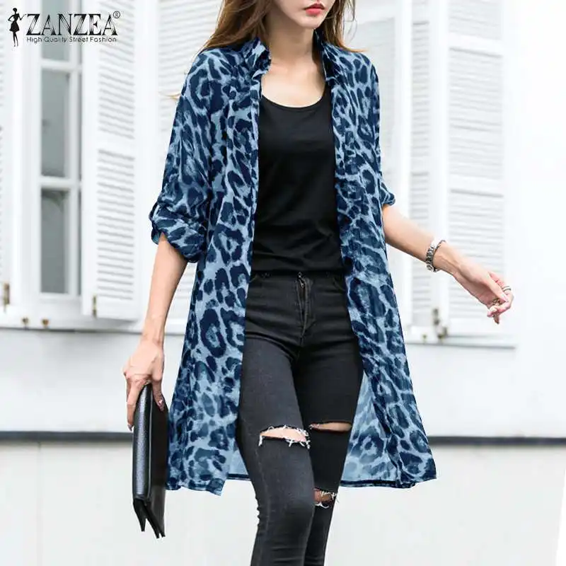 

Plus Size Women's Printed Blouses ZANZEA 2021 Fashion Summer Leopard Cardigans Long Kimono Cape Female Lapel Tunic Chemise Top