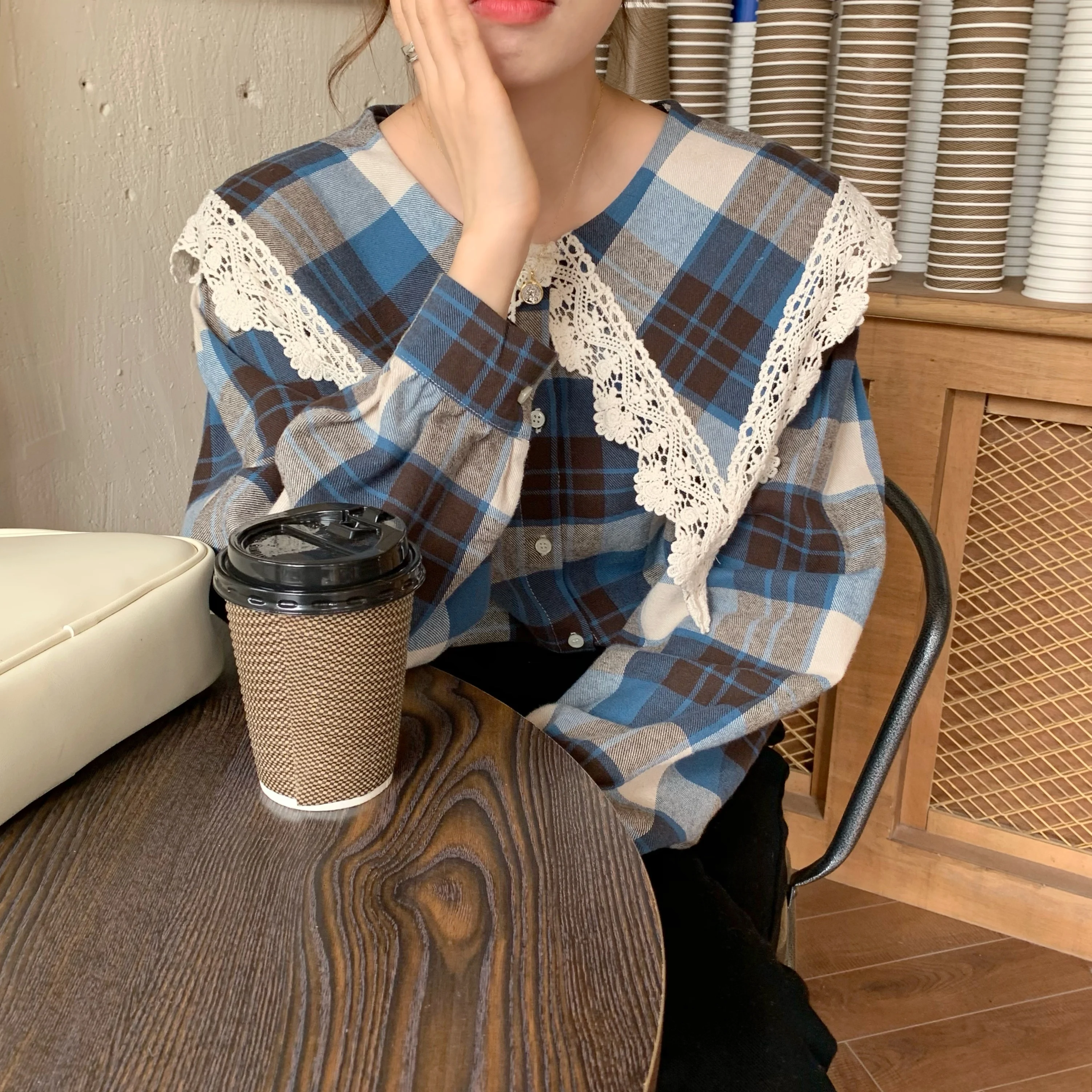 Женская рубашка с длинным рукавом Корейская Милая в западном стиле воротником