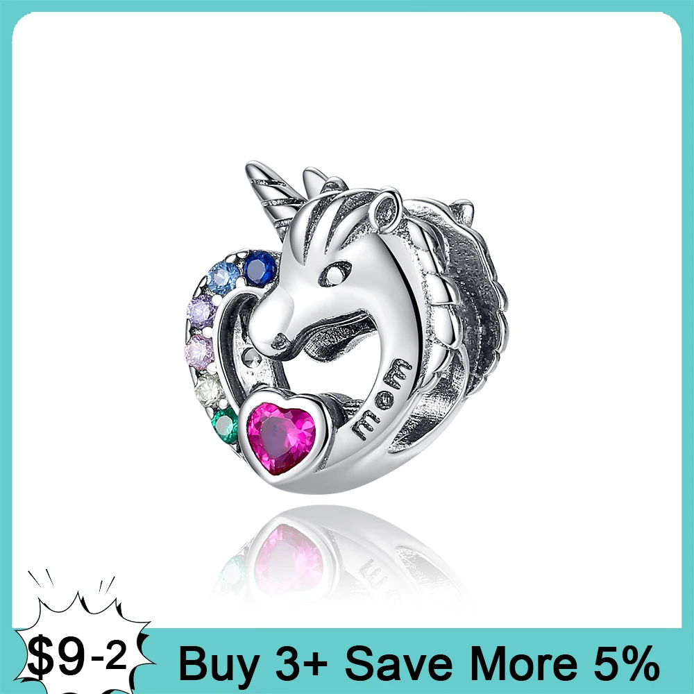 

Подлинные искусственные серебряные бусины-шармы в виде единорога, сердца для мам, подходят для оригинального браслета Pandora, изготовление юв...