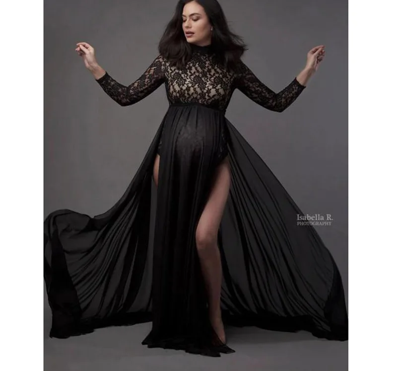 

Elegant Long Sleeve Maternity Maxi Gown Dresses for Photo Shoot Sexy Lace Bodysuit +High Split Pregnancy Gown Dress Photography