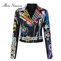 2021 new slim fit graffiti pu womens clothing printed contrast color jacket motorcycle leather female suit collar biker coat