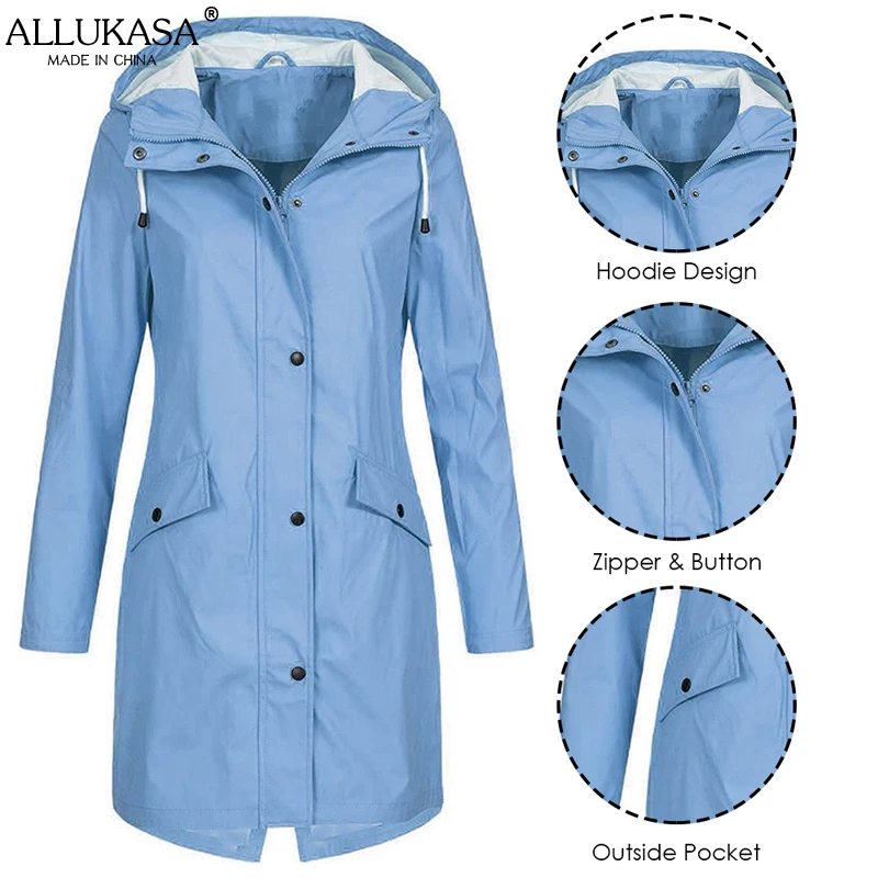 

Women Jacket Hiking Clothes Raincoat Lady Windbreaker Solid Color Trench Coat Hooded Outerwear Female Mountain Overcoat