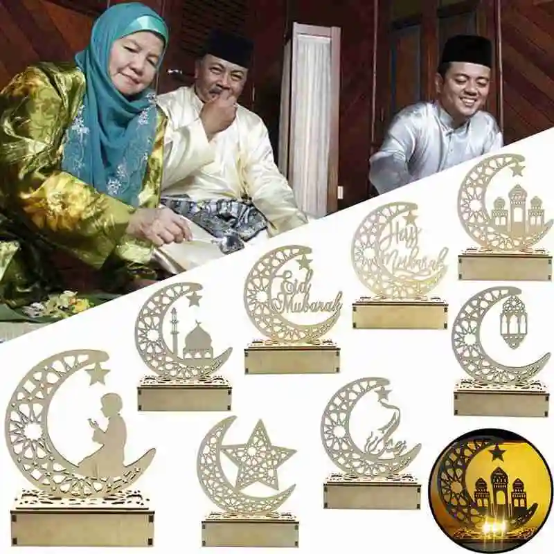 

diy wooden Kulbang Eid Mubarak Ramadan Moon hollow letters with LED lights ornaments