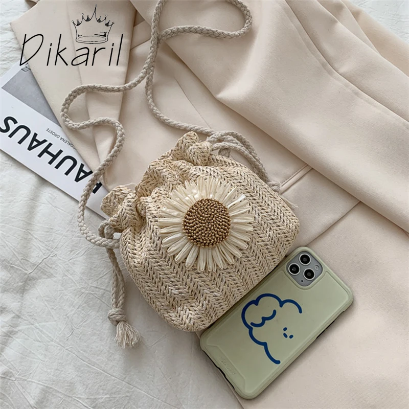 

Женская Соломенная Сумка Dikaril, Классическая пляжная сумка-мессенджер с подсолнухами, плетеная Сумка через плечо