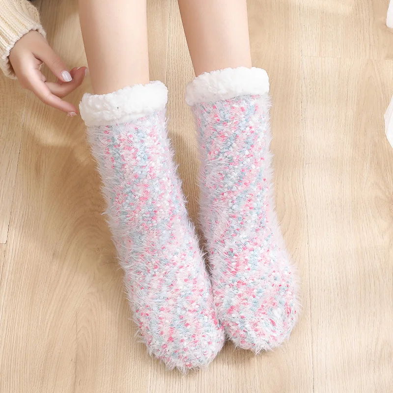 

Mix color Slipper Socks Ultra-Plush Fleece Anti-Slip Grips Winter Warm High Sock Women Thick Thermal Brushed Alpaca Wool Slipper