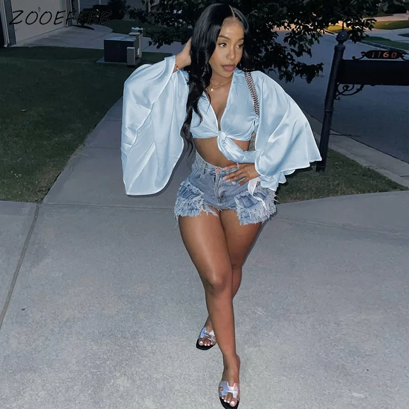 

Женская летняя шифоновая блузка ZOOEFFB с глубоким V-образным вырезом и расклешенными длинными рукавами, Пляжная блузка на шнуровке, рубашки дл...