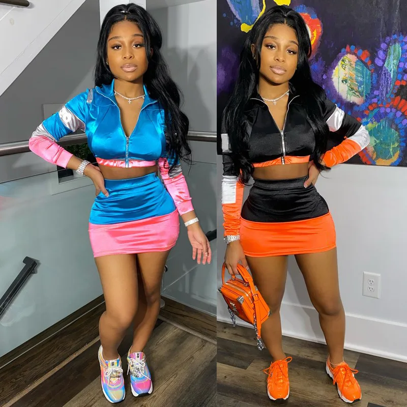 

2020 women fashion V-neck long sleeve stitching crop top and hot shortts 2 pieces set high street lady fashion tracksuits