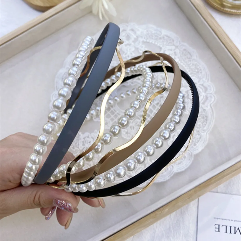 

Fashiona hair accessories women candy solid color frosted headband combination set pearl wave alloy thin headband girl hair band