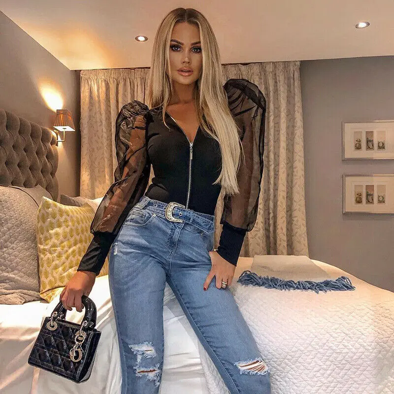 Женский сетчатый комбидресс с длинным пышным рукавом на молнии комбинезон