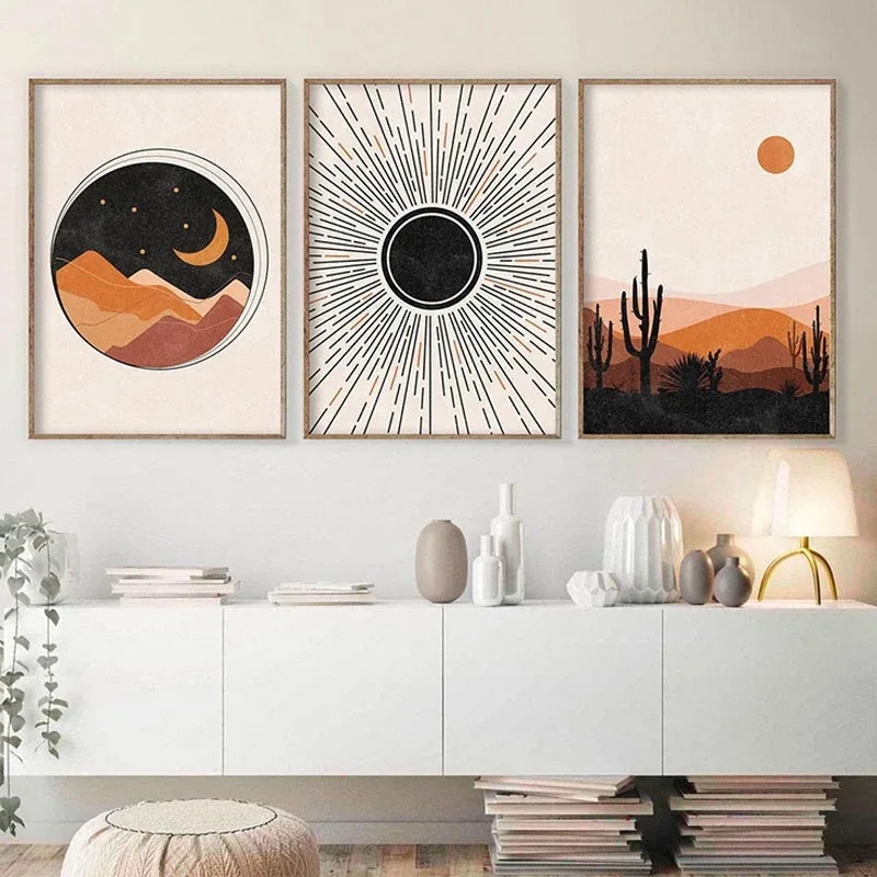 

Abstract Mid Century poster Sun and Moon Canvas Painting Rainbows Modern Art Print Geometric Wall Art Picture for Living Room