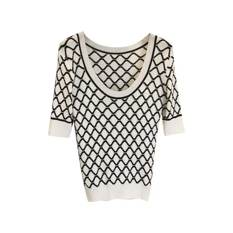 

2021 Summer Dress New Korean Slim Lattice Contrast Backless Top Ice Silk Knitted Shirt T-shirt