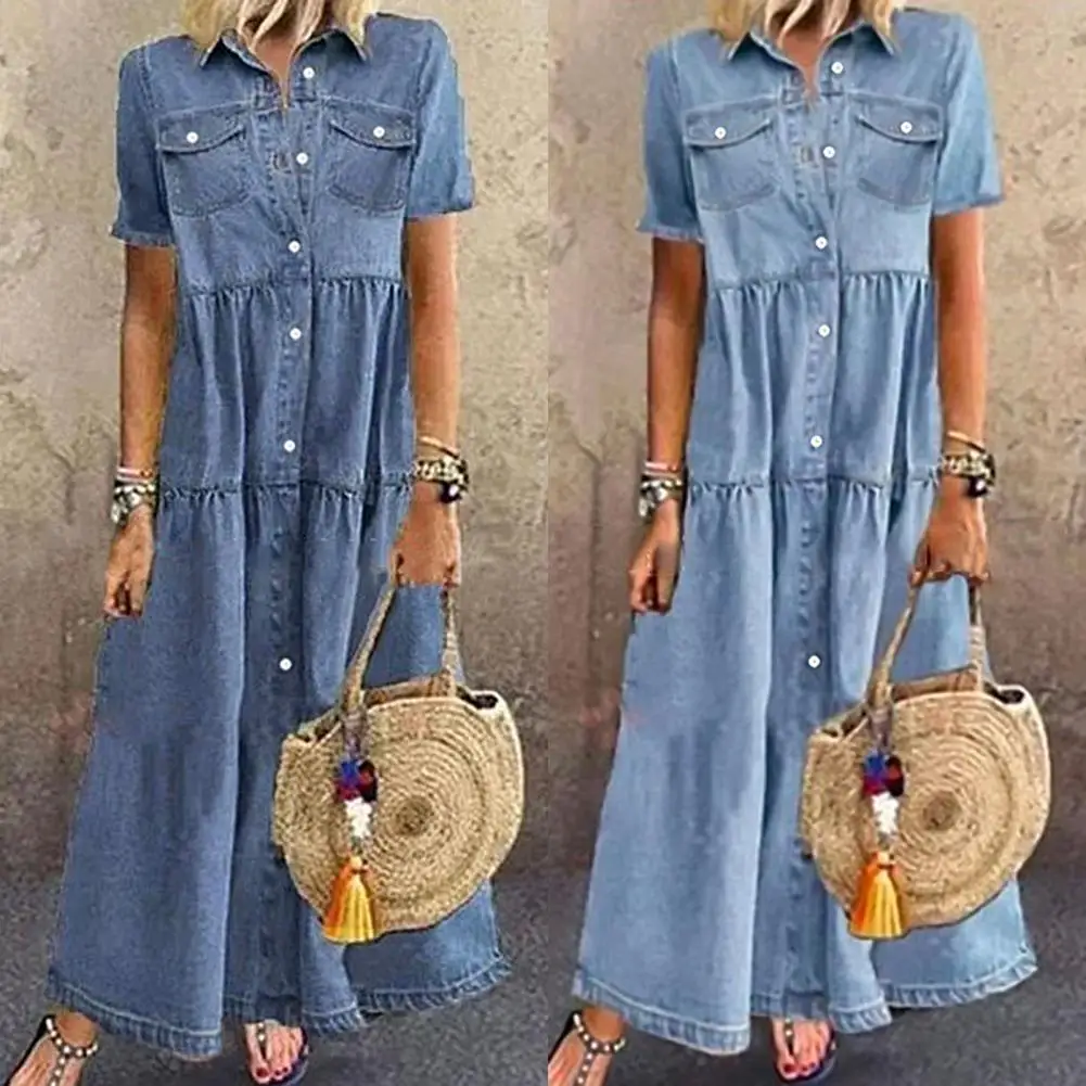 

Женское джинсовое платье-макси с коротким рукавом и отложным воротником