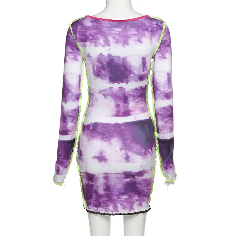 

Autumn 2020 Fashion Tie-dye Printing Slim Mini Dress Women Street Elastic Casual Long Sleeve Slash Neck Patchwork Skinny Dress