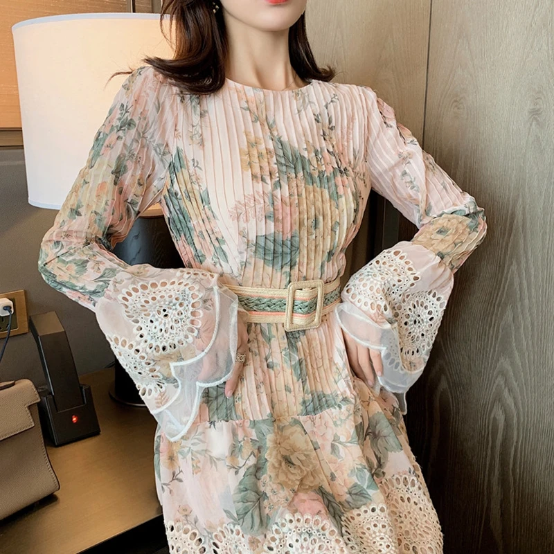 

Autumn 2020 new style, lace print lotus leaf long dress women Bohemian Dress