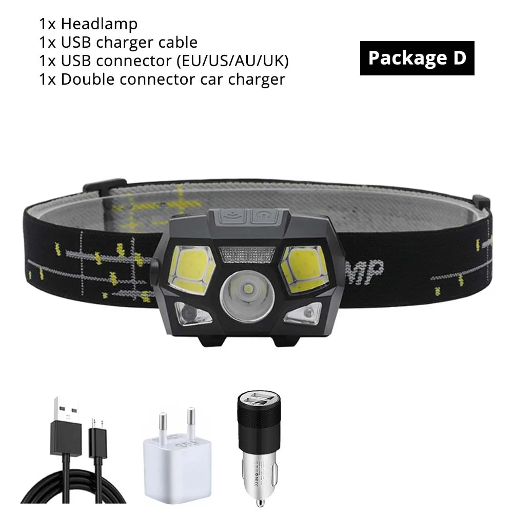 Package D Супер яркий светодиодный налобный фонарь встроенный Индуктивный датчик USB Перезаряжаемый 6 режимов освещения светодиодный налобный фонарь для бега, рыбалки и т. д - Испускаемый цвет: Package D