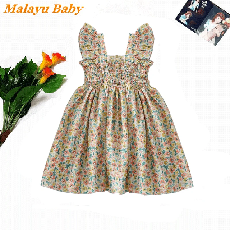 

MALAYU BABY Fashion Girls Dresses 2022 Summer New Sweet Child Floral Ruffled Sling Princess Costume Casual Kids Clothing 1-6 Y